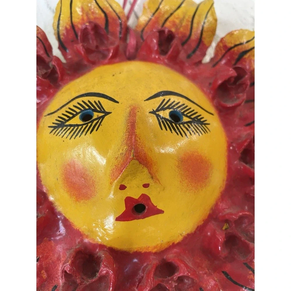 Mexican Coconut Shell Folk Art Mask Hand-Painted Vintage Celestial Sun Artsy